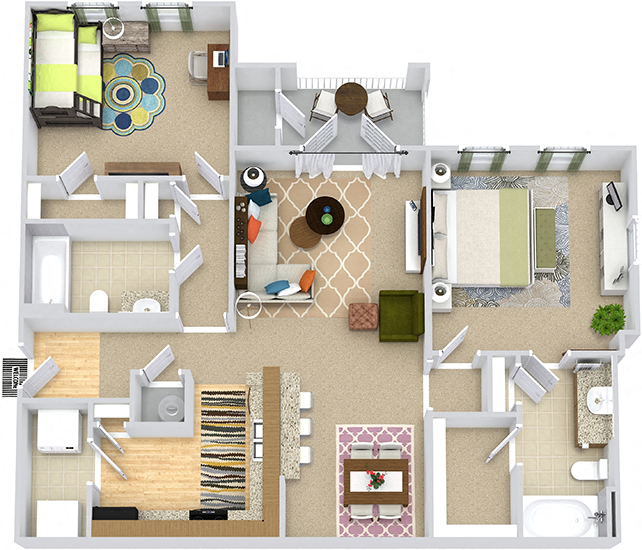 Davis 3D. 2 bedroom apartment. Kitchen with bartop open to living/dinning rooms. 2 full bathroom. Walk-in closets. Patio/balcony.